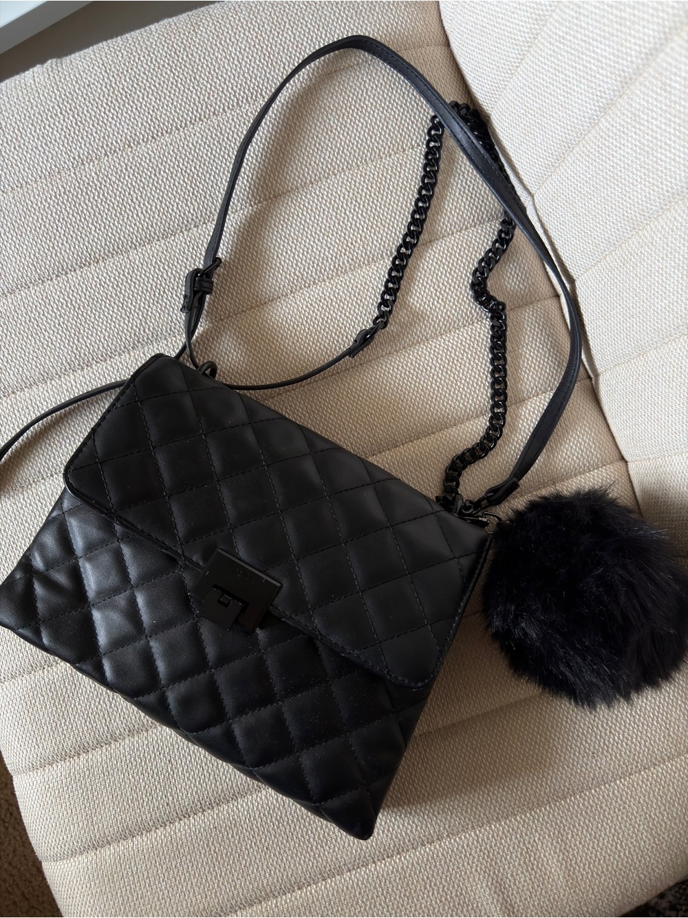 Aldo Black Quilted Shoulder Bag with Chain Strap and Pom Pom Charm